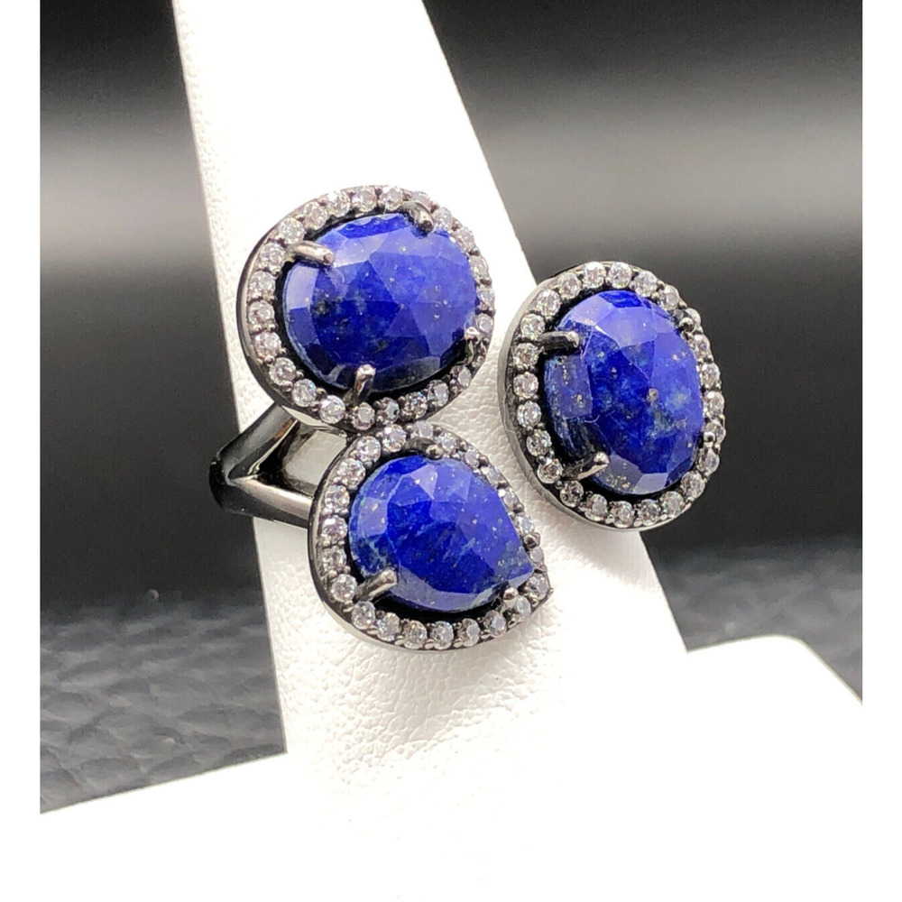 Lapis Lazuli Ring JTV Natural Stone‎ CZ Rhodium Gunmetal Tone Adjustable Sz 7.5